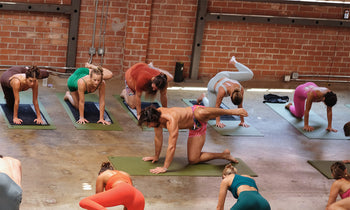 Group yoga class practicing a balance pose on mats in a spacious studio with brick walls and concrete floor.