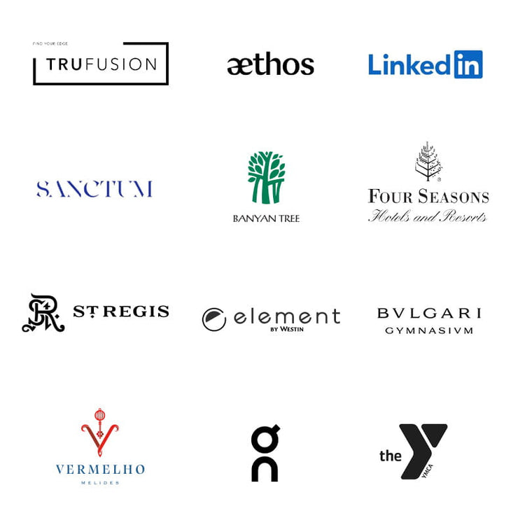 Collage of wellness and hospitality logos including Truefusion Aethos LinkedIn Sanctum Banyan Tree Four Seasons St Regis Element Bulgari Gymnasium Vermelho On and the Y